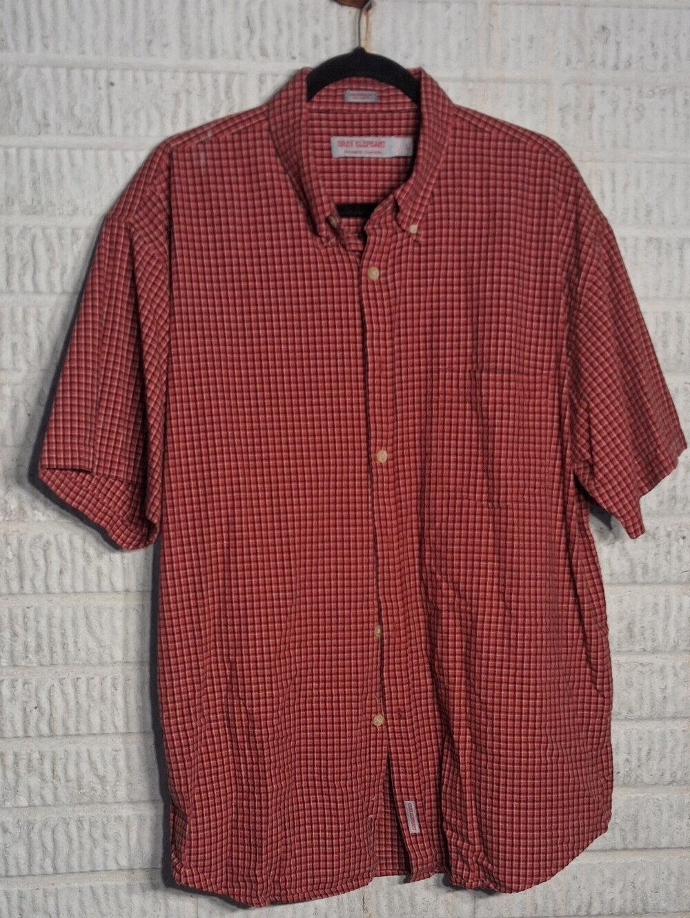 Grey Elephant Short-Sleeve Brick Red Check Seersucker  Button-Down Shirt Large